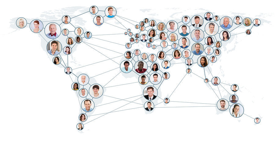 Collage Of People With Network And Communication Concept On World Map. Global Business Concept